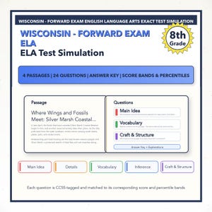 May include: A study guide for the Wisconsin Forward Exam ELA, 8th grade. The blue and white document includes passages, questions, and an answer key. Topics include main idea, vocabulary, and craft & structure.