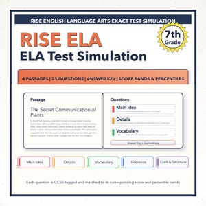 May include: A study guide for 7th grade English Language Arts (ELA) test simulation. The title "RISE ELA Test Simulation" is displayed in large, bold letters. The guide includes passages, questions, an answer key, and score bands. The text discusses the secret communication of plants.