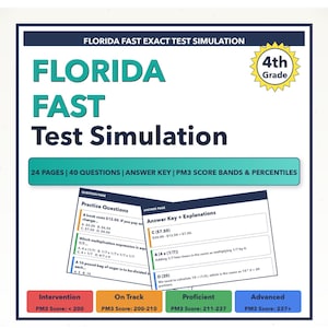 May include: A study guide for the Florida FAST test, featuring the title "FLORIDA FAST Test Simulation" in large, teal letters. Includes practice questions, answer keys, and score bands for 4th grade students. The guide has 24 pages and 40 questions.
