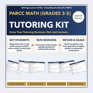 Puede incluir: Un kit de tutoría de matemáticas PARCC azul y blanco para los grados 3-5. El kit incluye 354 páginas en 10 archivos, con pruebas de diagnóstico, correos electrónicos de ventas y paquetes semanales. El texto dice: "Haz crecer tu negocio de tutoría. No solo lecciones."