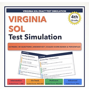May include: A study guide for the Virginia SOL test, featuring the text "VIRGINIA SOL Test Simulation" and "4th Grade." The guide includes practice questions, answer keys, and scaled-score bands. It has 24 pages and 40 questions.