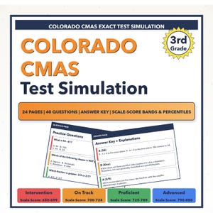 May include: A test simulation for 3rd grade students, featuring the text "COLORADO CMAS Test Simulation." The document includes practice questions, an answer key, and scale-score bands. The color scheme is primarily white, orange, and blue.