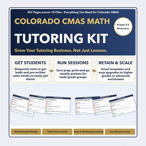 May include: A blue and white tutoring kit for Colorado CMAS math, grades 3-5. The kit includes diagnostic tests, sales emails, weekly packets, and email templates. The text on the image says "COLORADO CMAS MATH TUTORING KIT".
