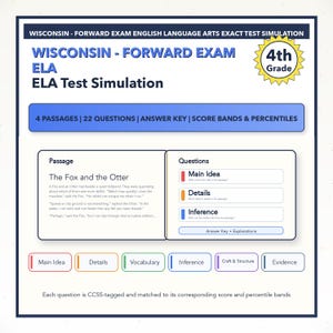 May include: A study guide for the Wisconsin Forward Exam ELA test. The guide includes a passage titled "The Fox and the Otter" and questions on Main Idea, Details, and Inference. The guide is for 4th grade students.