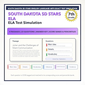 May include: A study guide for 7th grade English Language Arts (ELA) test simulation. The guide includes passages, questions, answer keys, and score bands. The title is "South Dakota SD Stars ELA Test Simulation". The guide features the text "Julian and the Challenges of Silent Communication".