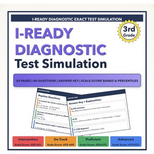 May include: A study guide for 3rd grade I-Ready Diagnostic Test Simulation. The cover features the title in large purple letters. The guide includes practice questions, answer keys, and scale-score bands. The color-coded sections indicate intervention, on track, proficient, and advanced levels.