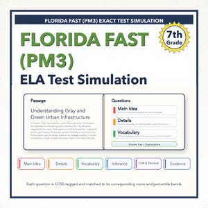 May include: An educational resource for the Florida FAST (PM3) ELA Test Simulation, designed for 7th Grade students. The guide presents a passage on urban infrastructure, with questions on main idea, details, and vocabulary. Colour-coded sections are included.