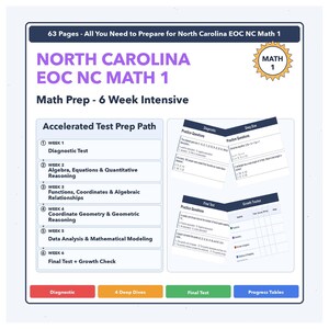 May include: A 63-page North Carolina EOC NC Math 1 study guide featuring a 6-week intensive prep path. The document includes a diagnostic test, algebra, functions, coordinate geometry, data analysis, and a final test with growth tracker tables.