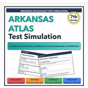 Può includere: Una guida allo studio per studenti di 7a elementare, intitolata "Arkansas Atlas Test Simulation". La copertina presenta il titolo in grandi lettere turchese, con informazioni di supporto sul contenuto. Include domande pratiche e chiavi di risposta.