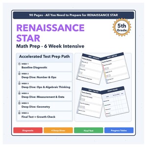 May include: A 5th grade math workbook titled "RENAISSANCE STAR" with "Math Prep - 6 Week Intensive" on the cover. It includes sections for diagnostics, deep dives, final tests, and progress tables. The workbook is 90 pages. The cover is white with purple and orange text.