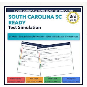 May include: A test simulation for 3rd grade students in South Carolina. The image features the text "SOUTH CAROLINA SC READY Test Simulation" and includes practice questions, an answer key, and scale-score bands.