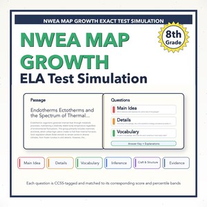 May include: Educational test simulation for 8th grade, featuring the text "NWEA MAP GROWTH ELA Test Simulation." The test includes a passage on endotherms and ectotherms, with questions on main idea, details, and vocabulary. The test is CCSS-tagged.