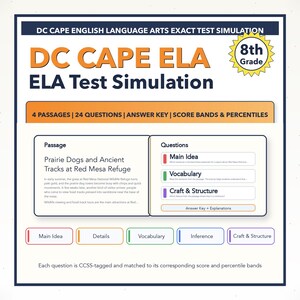 May include: A test simulation for 8th grade English Language Arts (ELA) with the text "DC CAPE ELA ELA Test Simulation." The test includes passages, questions, an answer key, and score bands. Topics include Main Idea, Vocabulary, and Craft & Structure.