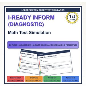 May include: A 24-page I-Ready Inform Diagnostic math test simulation for 1st grade with 40 questions, an answer key, and scale-score bands. The document includes practice questions and answer explanations, plus a color-coded scale for performance.