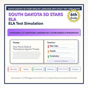 May include: A study guide for the South Dakota SD STARS ELA test. The guide includes a title, "South Dakota SD STARS ELA Test Simulation," and is for 6th grade. It features passages, questions, an answer key, and score bands.