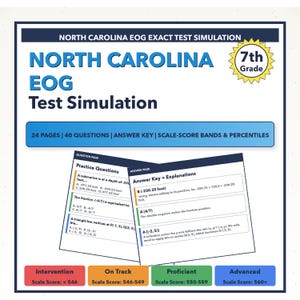 May include: A study guide for 7th-grade North Carolina EOG test simulation. The blue and white document includes practice questions, an answer key, and scale-score bands. The text includes "24 pages | 40 questions | answer key | scale-score bands & percentiles."