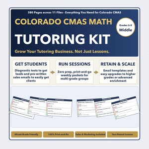May include: A blue and white tutoring kit for Colorado CMAS math, grades 6-8. The kit includes diagnostic tests, sales emails, weekly packets, and email templates. The text on the kit says "Colorado CMAS Math Tutoring Kit".