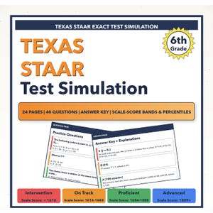 May include: A Texas STAAR test simulation study guide with the text "TEXAS STAAR Test Simulation" in orange and blue. It includes 24 pages, 40 questions, an answer key, and scale-score bands. Suitable for 6th-grade students.