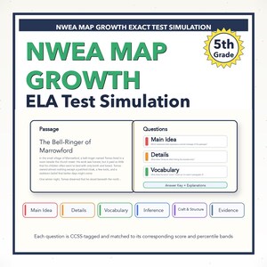 May include: Educational test simulation for 5th grade, featuring a passage titled "The Bell-Ringer of Marrowford" and related questions. The test includes sections on Main Idea, Details, and Vocabulary, with an answer key.
