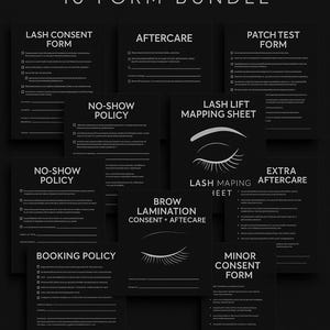 Puede incluir: Un conjunto de formularios negros para artistas de pestañas, que incluyen documentos de consentimiento, cuidado posterior y políticas. Los formularios están etiquetados con texto blanco, y el título "LASH STASH" se muestra en degradado rosa y naranja.