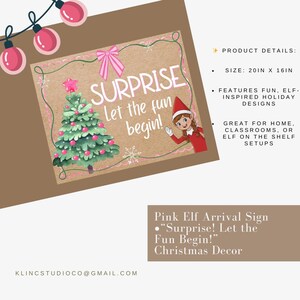 Puede incluir: Un letrero rectangular con el texto "SURPRISE Let the fun begin!" presenta un árbol de Navidad y una ilustración de un elfo. El letrero mide 50,8 x 40,6 cm e incluye detalles en rosa. Diseñado para la decoración navideña.