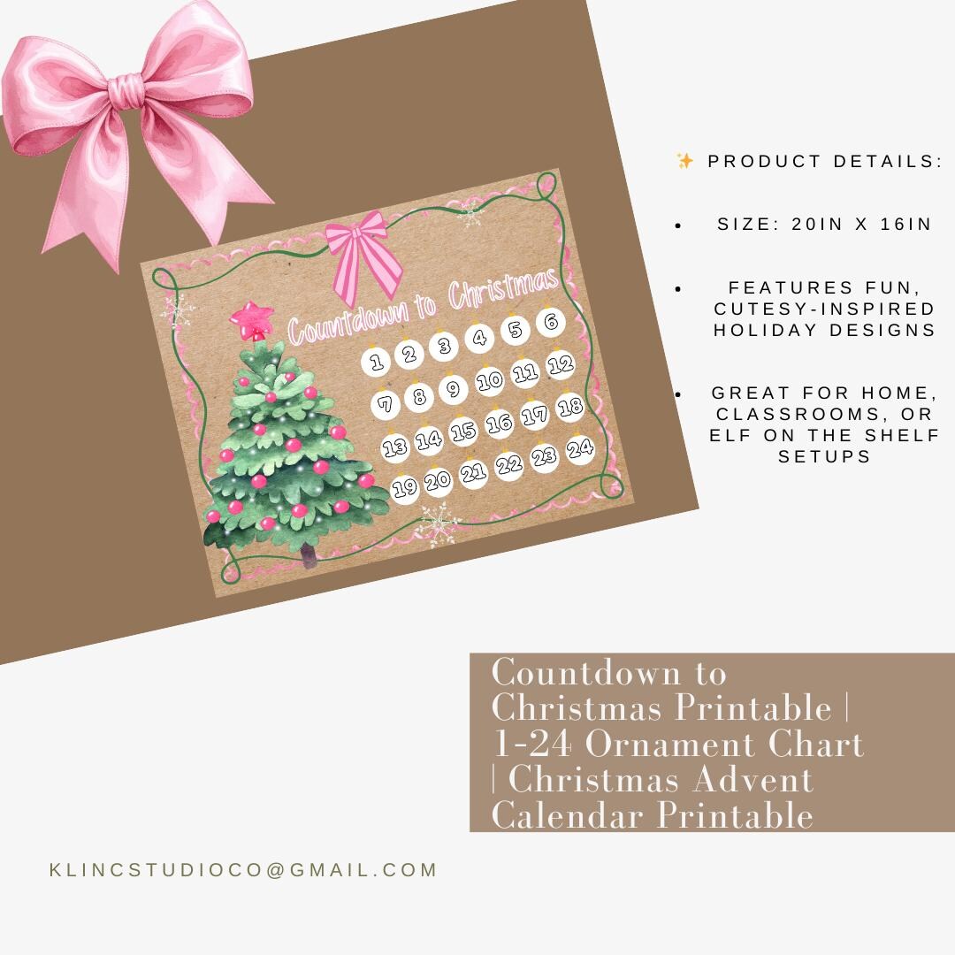 Countdown to Christmas Printable | 1–24 Ornament Chart | Christmas ...