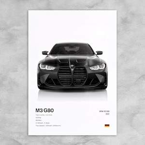 May include: A black BMW M3 G80 car poster. The front view of the car is centered on a white background. The poster includes the car's specifications: Twin-turbo, 3.0 litre, 503Hp, 650Nm, 0-60mph: 3.8sec, and Top Speed: 155mph (250km/h).