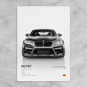 May include: A print of a grey BMW M2 F87 car. The image includes the car's specifications: Twin-Turbo 3.0 litre engine, 410Hp, 550Nm, 0-60mph in 4.2 seconds, and a top speed of 174mph (280km/h). The text also includes "BMW M2 Competition (F87) 2019".