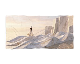 Toalha de Praia Surrealista com Ondas de Mármore e Figura | Impressão de Arte Costeira