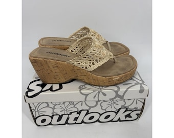 Sandalias de plataforma gruesas estilo vintage Y2K Outlooks talla 6 1/2, color beige, estilo bohemio de los 90, con cuña de corcho.