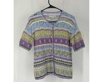 Bedford Fair Cardigan Womens S Crochet Knit Pastel Cottagecore granny floral VTG