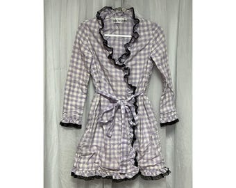VTG jaren 60/70 paarse gingham-wikkeljurk zwarte kanten ruches Union Made USA S/M