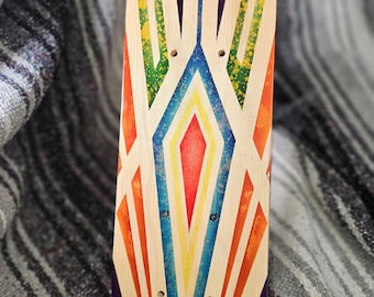 Hand-Painted Mini Skateboard Deck Art – Geometric Candy Colors, Wood Grain Decor