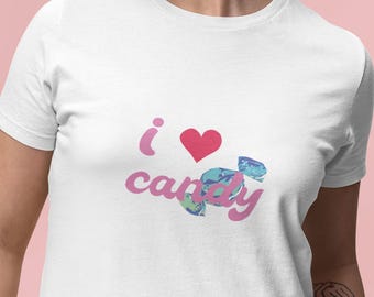 Koszulka unisex „I Heart Candy” | Różowy napis z ilustracją cukierków