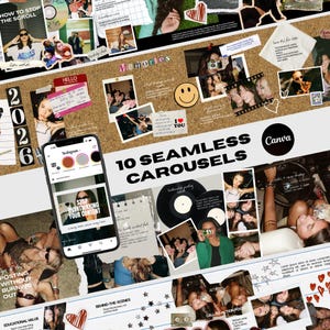 May include: A digital marketing template set featuring a corkboard background with various photos, text snippets, and a smartphone displaying an Instagram interface. The layout includes the text 10 SEAMLESS CAROUSELS and the Canva logo on a white background.