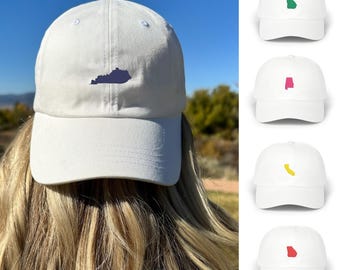 Embroidered State Outline Hat, White Cotton Dad Cap, Minimalist Home State Baseball Cap