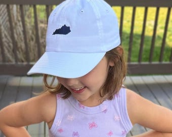 Kids State Outline Hat, White Youth Baseball Cap, Embroidered Home State Dad Hat
