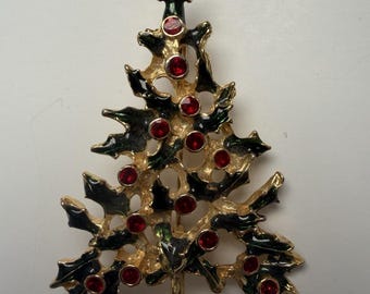 Holiday Christmas Tree Brooch Pin Gold Tone with Rhinestones