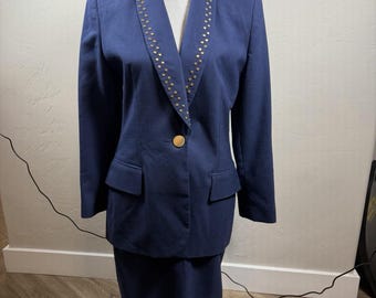 Vintage Women’s Size 10 Navy Blue Two Piece Oleg Cassini Suit