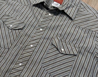 Camisa vaquera vintage para hombre, talla XL, azul claro/gris, con estampado de rayas de rodeo y botones de perla.