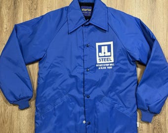 Chaqueta Starter “JL Steele” vintage de hombre, estilo años 80/90, color azul retro, talla pequeña.