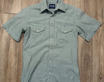 Mens Vintage90s Mint Green, White Pin Stripe Rancher Wrangler Shirt Size Small