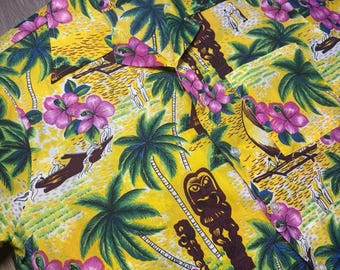 Camisa hawaiana vintage para hombre, estilo retro de los años 70, marca Waikiki 76, color amarillo.