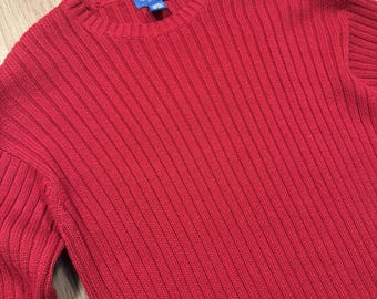 Suéter TownCraft de punto acanalado rojo de cuello redondo, talla grande, para hombre, estilo vintage.