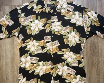 Camisa hawaiana vintage para hombre, talla mediana, negra con estampado floral, marca Tory Richards, fabricada en EE. UU.