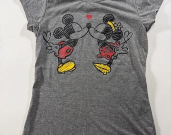 Women’s S/M Grey Disney Mickey And Minnie Romance Tee Shirt