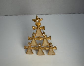 Gold Tone Brooch Pins with Christmas Tree and Angel Design