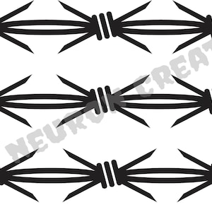 May include: Black barbed wire design. The image features three horizontal rows of stylized barbed wire, each composed of a thick, curved line with evenly spaced barbs. The barbs are sharp and angled, creating a sense of danger.
