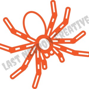 May include: Orange spider graphic with white accents and a circular body. The spider has eight legs with rectangular cutouts. The text "LAST NIGHT CREATIVE" is partially visible in the lower left and right.