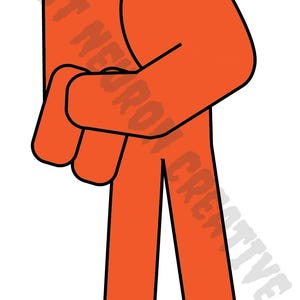 Op de afbeelding: Oranje stokfiguur met zwarte contouren, in een houding van vasthouden. De woorden "LAST NEURON CREATIVE" zijn diagonaal gedrukt in een vervaagde, donkeroranje kleur. De figuur staat tegen een witte achtergrond.